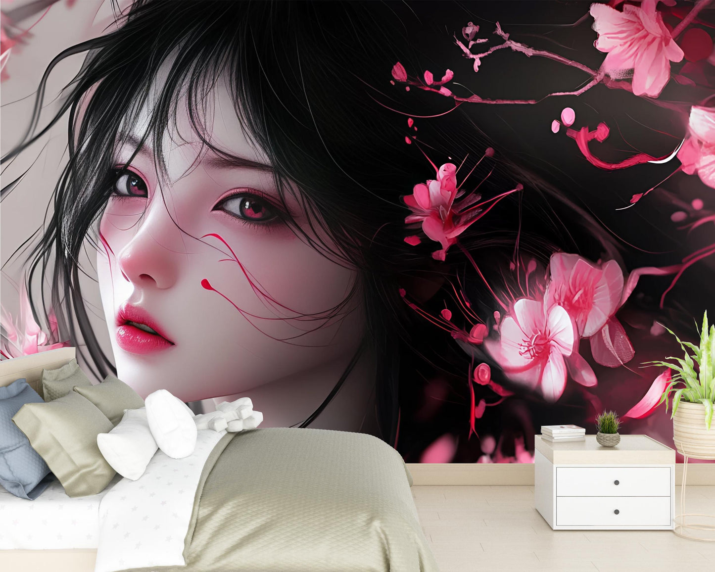 Anime Wall Art Girl with Flowers | Japanese Aesthetic Mural | Cherry Blossom Decor | Bedroom Accent Wallpaper Vn354