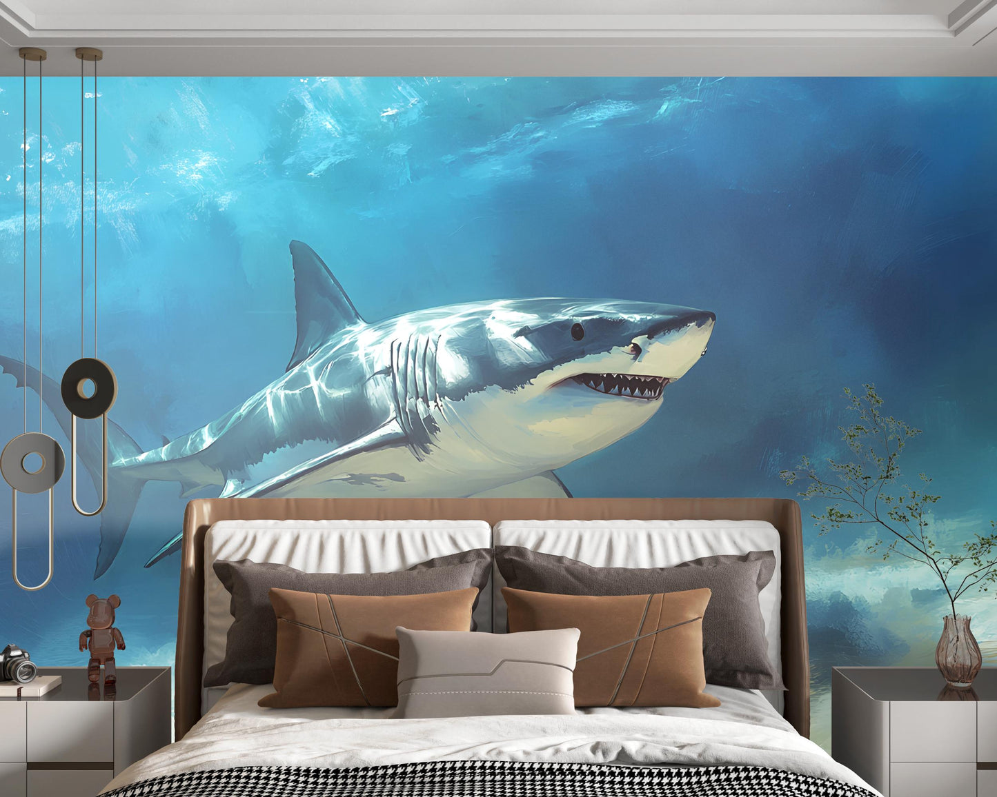 Shark Wall Mural for Bedroom – Ocean Underwater Theme – Great White Shark Art Wallpaper – Cool Boys Room Decor – Large Sea Life Mural Vn387