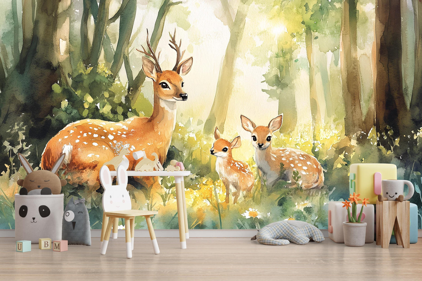 Whimsical Deer Forest Wall Mural for Kids Room – Woodland Nursery Wallpaper – Baby Room Animal Art – Removable Peel and Stick Vn336