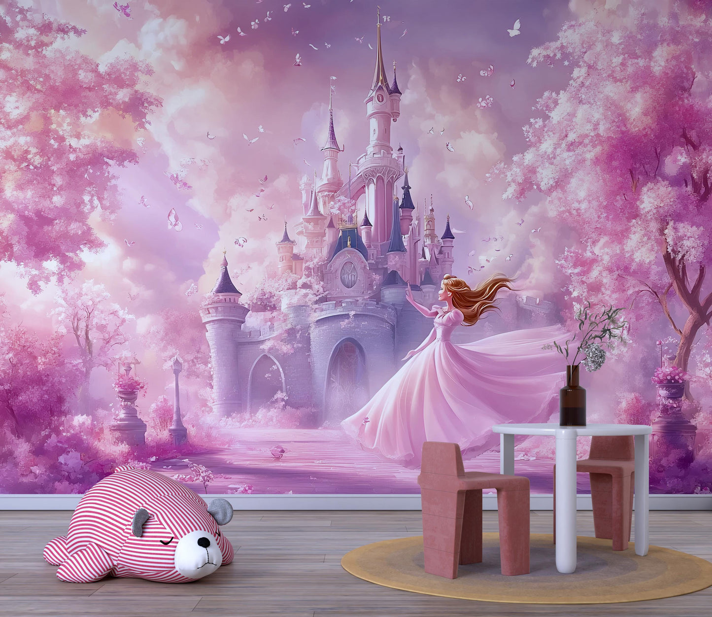 Princess Castle Wall Mural - Pink Fairy Tale Wallpaper for Girls Bedroom, Fantasy Castle Nursery Decor Vn366