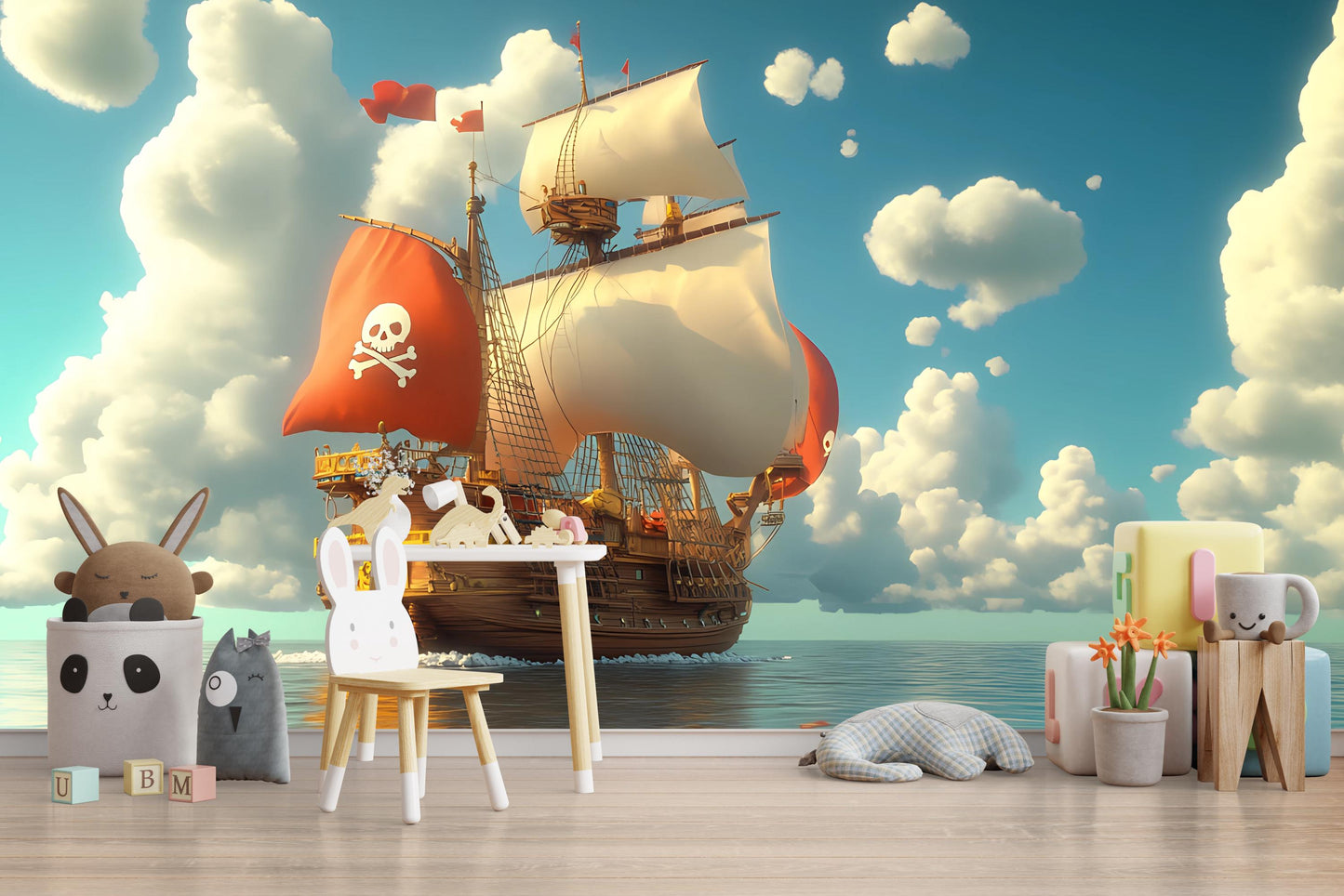 Pirate Ship Wall Mural for Kids Room – Nautical Ocean Adventure Wallpaper – Removable Peel and Stick Pirate Decor Vn 309