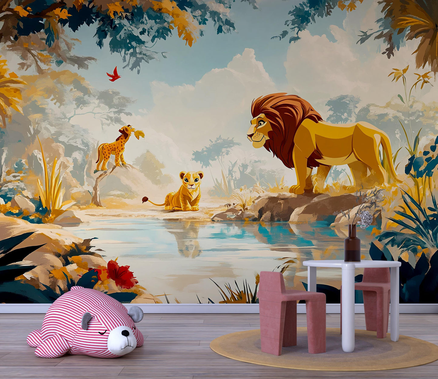 Lion King Jungle Mural | Safari Wall Art for Kids Room | Animal Nursery Wallpaper Vn272