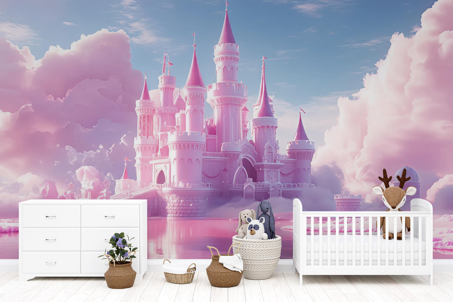 Pink Princess Castle Wall Mural for Kids Room – Fantasy Fairytale Wallpaper for Girls Bedroom Nursery – Magical Dreamland Decor Vn358