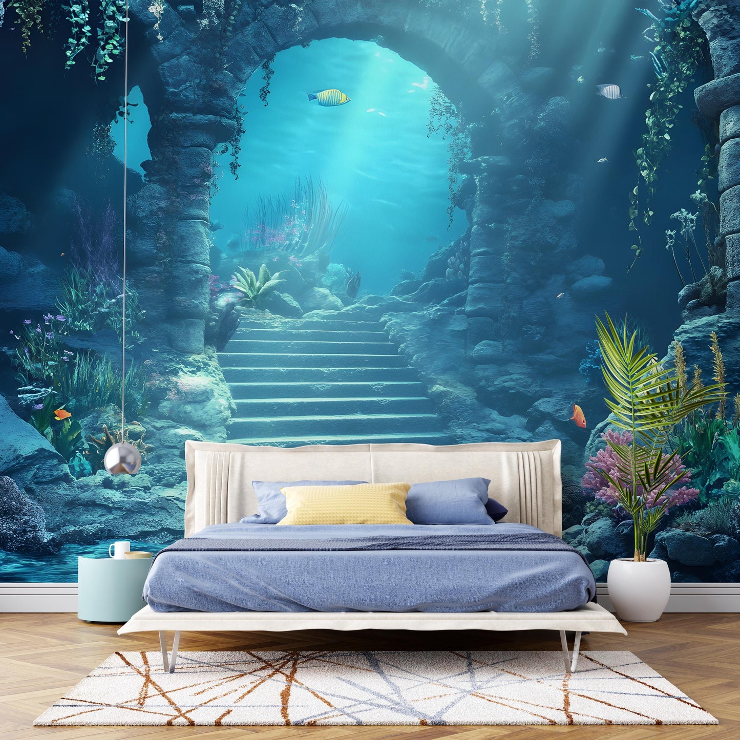 Underwater Ruins Wall Mural – 3D Ocean Bedroom Wallpaper – Deep Sea Fantasy Decor – Aquatic Archway Backdrop Vn094