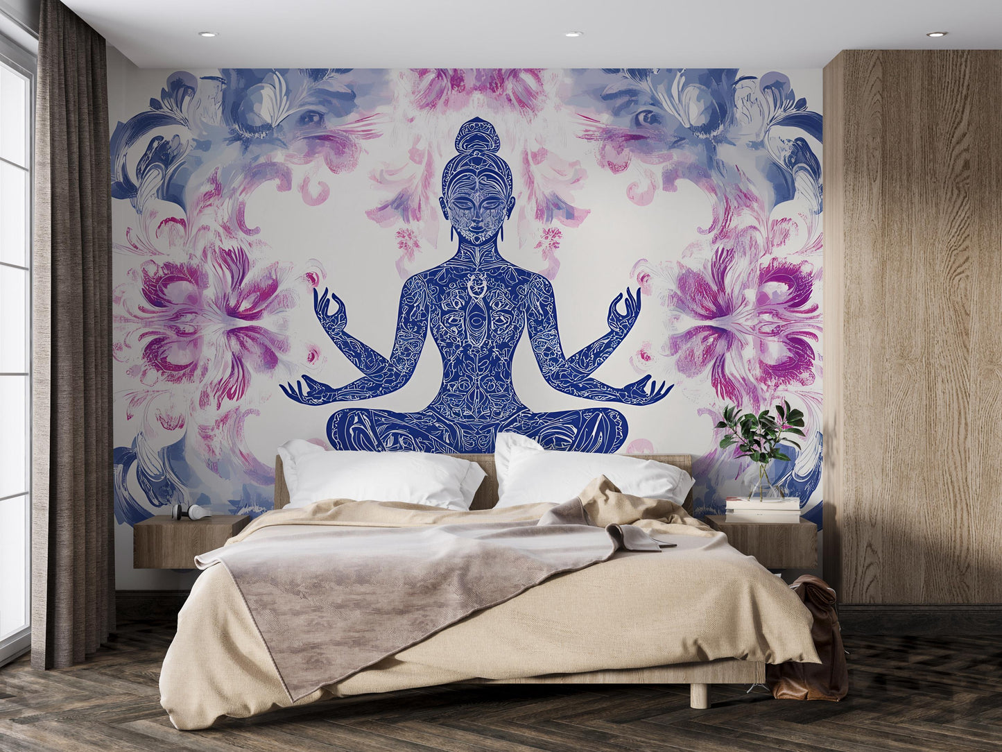 Boho Yoga Wall Mural | Meditating Woman Art | Zen Floral Tapestry for Bedroom Décor Vn481