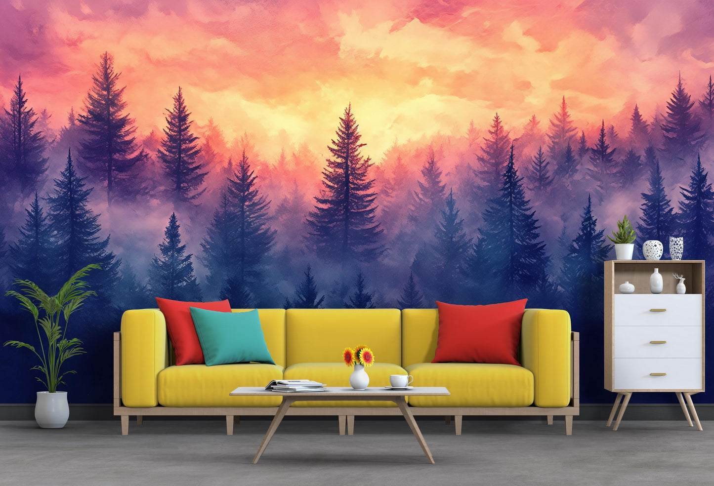 Pink Sunset Forest Wall Mural – Misty Pine Trees Wallpaper – Dreamy Nature Landscape Art for Living Room Vn249