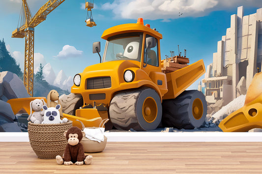 Cartoon Construction Vehicle Wall Mural – Kids Room Decor with Bulldozer & Cranes Vn442