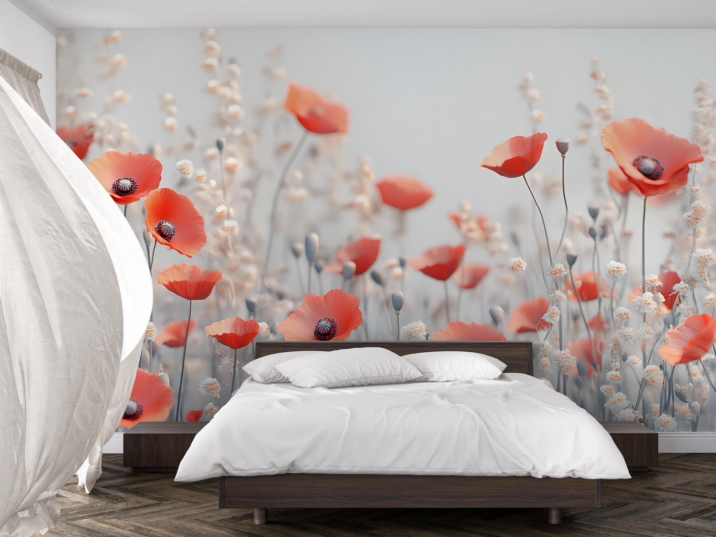 Red Poppy Flower Wall Mural | Modern Floral Bedroom Wallpaper | Botanical Large-Scale Peel & Stick Mural Vn334
