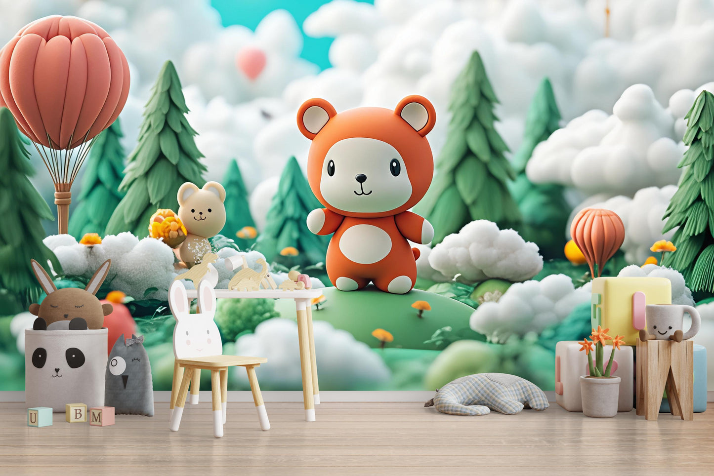 Whimsical Bear Wall Mural | Cute Animal Forest Kids Room Wallpaper | Playroom Nursery Decor Art | 3D Cartoon Bear Scene Vn428