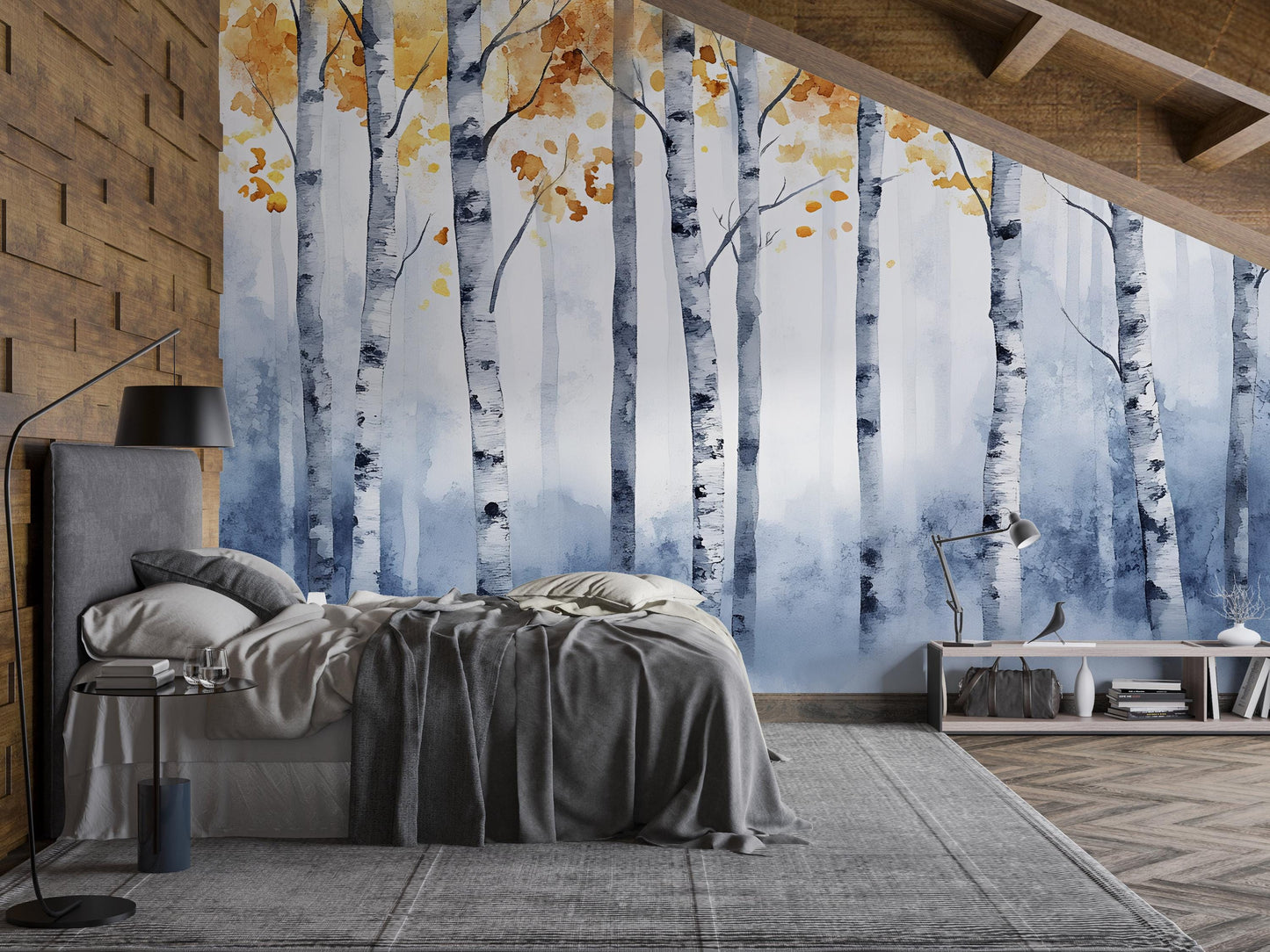 Birch Forest Wall Mural – Autumn Tree Wallpaper – Scandinavian Nature Art for Bedroom or Living Room – Cozy Rustic Wall Décor Vn486