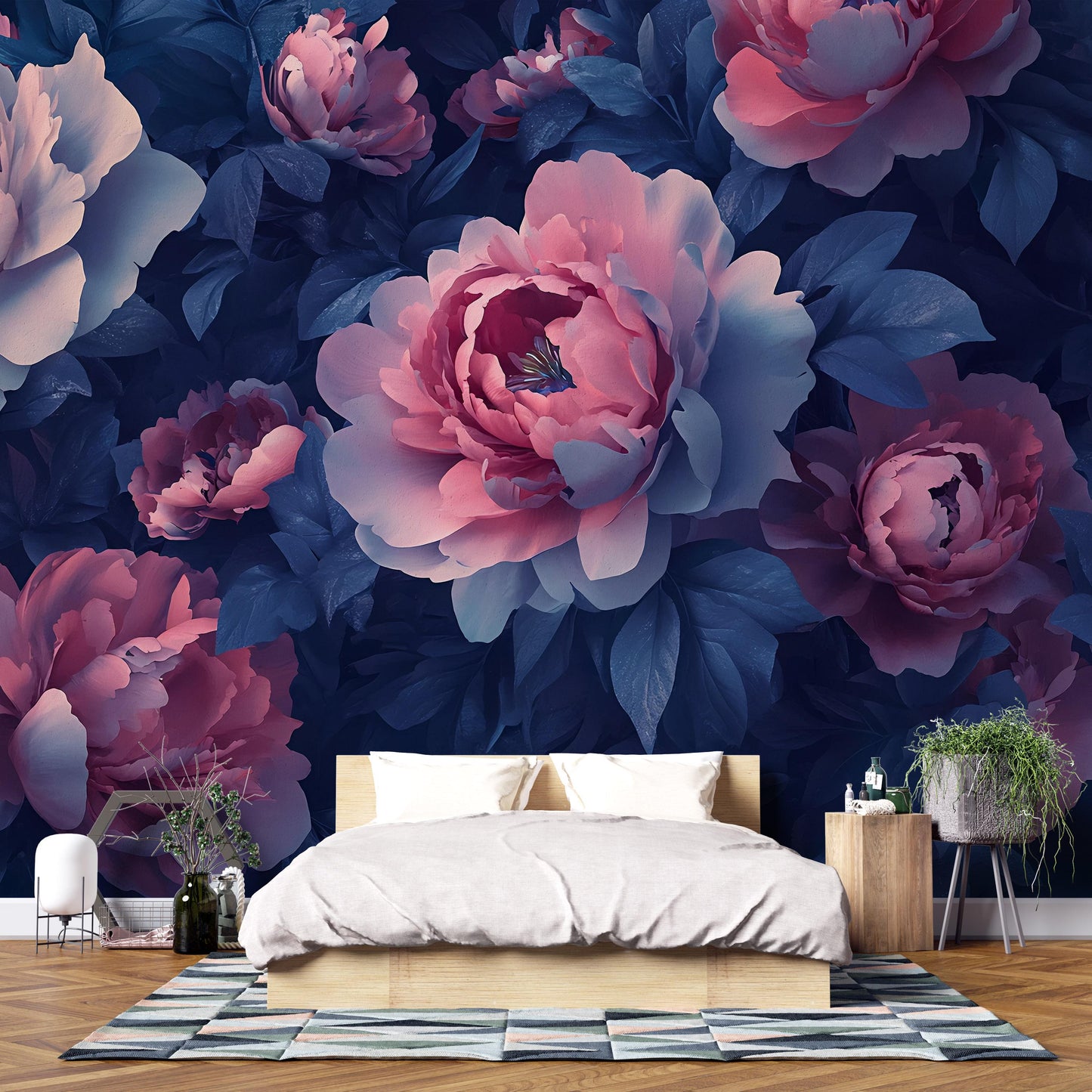 Large Floral Wall Mural | Dark Peony Flower Wallpaper | Romantic Bedroom Wall Art | Removable Peel & Stick Mural Vn466