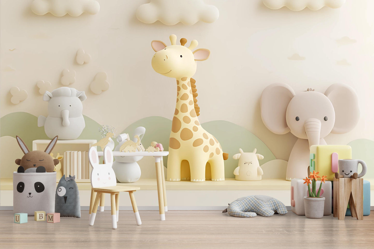 Soft Safari Nursery Wall Art | Giraffe Elephant Jungle Animals Decor | 3D Baby Room Mural | Gender Neutral Nursery Print Vn425