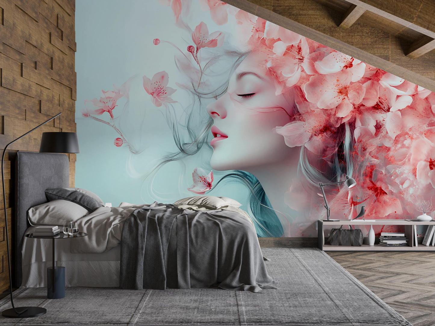 Floral Woman Wall Mural - Soft Pink Blossoms & Dreamy Face Art - Feminine Bedroom Decor - Modern Artistic Flower Wallpaper Vn269