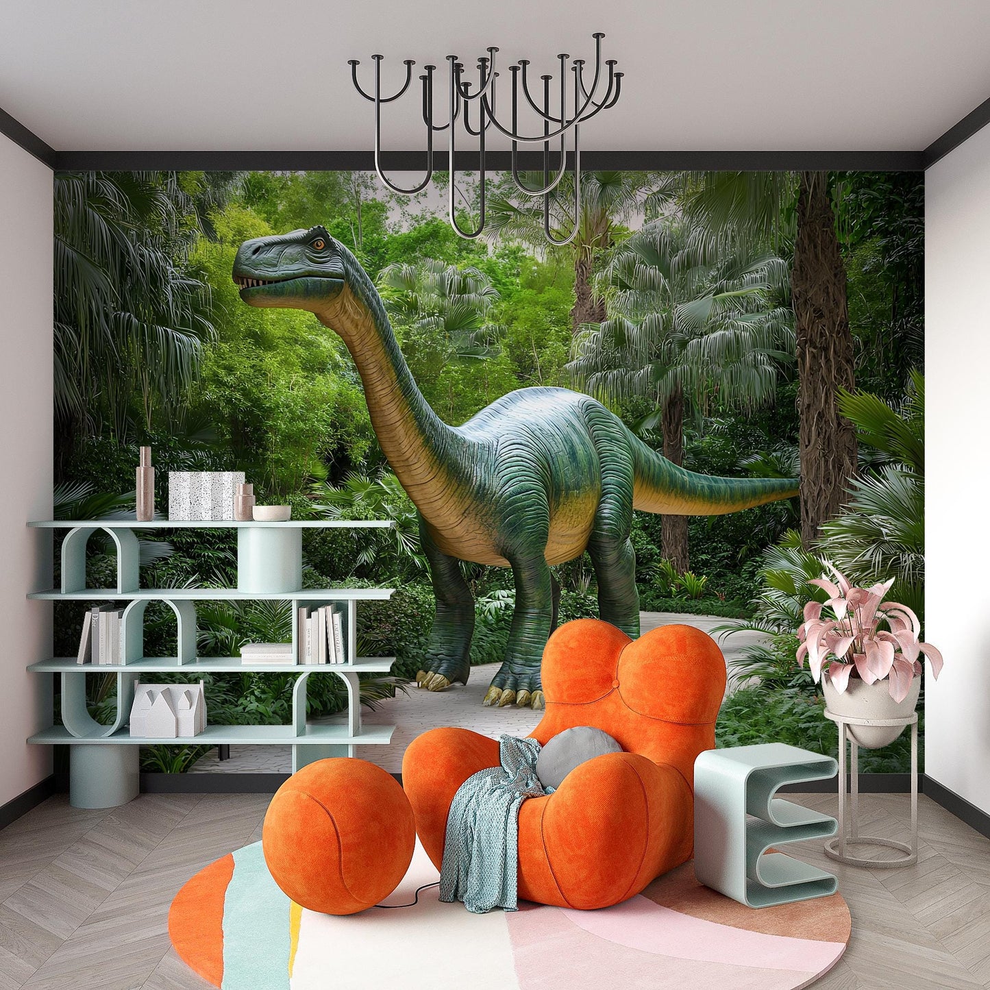 Dinosaur Wall Mural for Kids Room – Jungle Theme Wallpaper with Brachiosaurus | Bold 3D Effect Dino Decor | Removable Peel & Stick Vn406