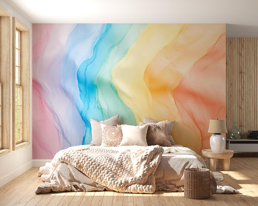 Rainbow Watercolor Wall Mural β Modern Abstract Gradient Wallpaper for Bedroom Accent Wall, Sloped Ceiling Design Art Vn398