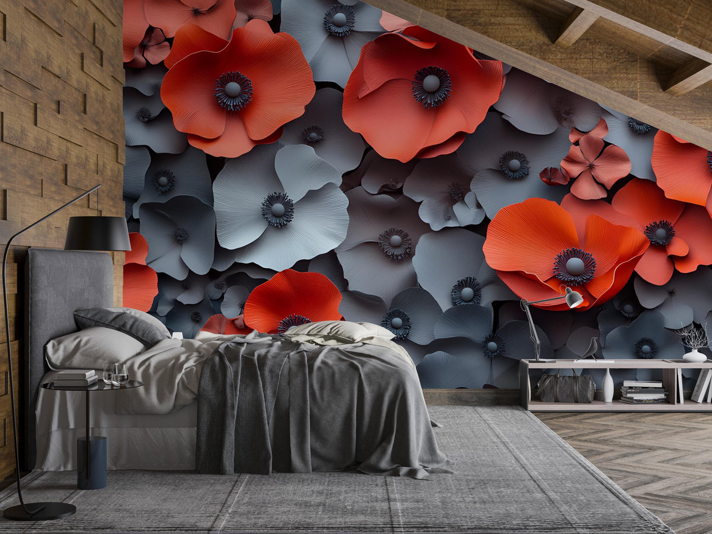 3D Red Gray Floral Wall Mural, Modern Large Flower Wallpaper, Bold Bedroom Accent Art Vn327
