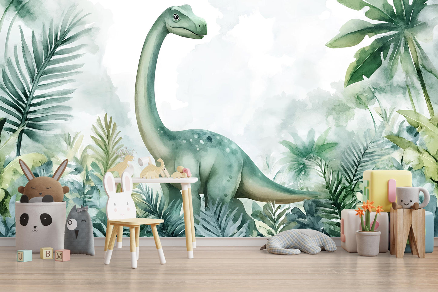 Dinosaur Wall Mural for Kids Room – Watercolor Jungle Brachiosaurus Art Vn407