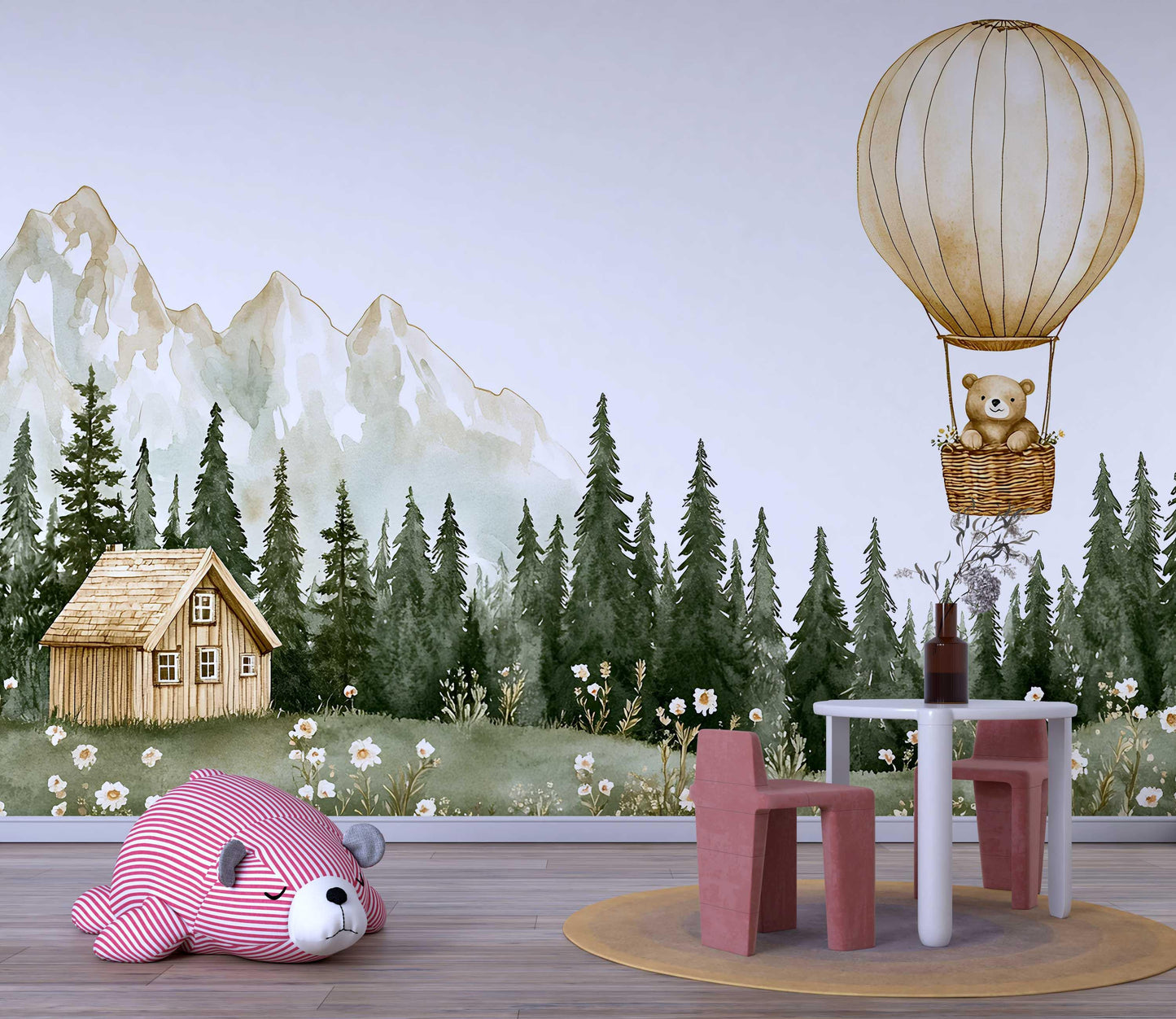 Whimsical Forest Nursery Wall Mural – Hot Air Balloon Bear, Cabin & Mountains – Kids Room Wallpaper, Woodland Baby Room Decor Vn448