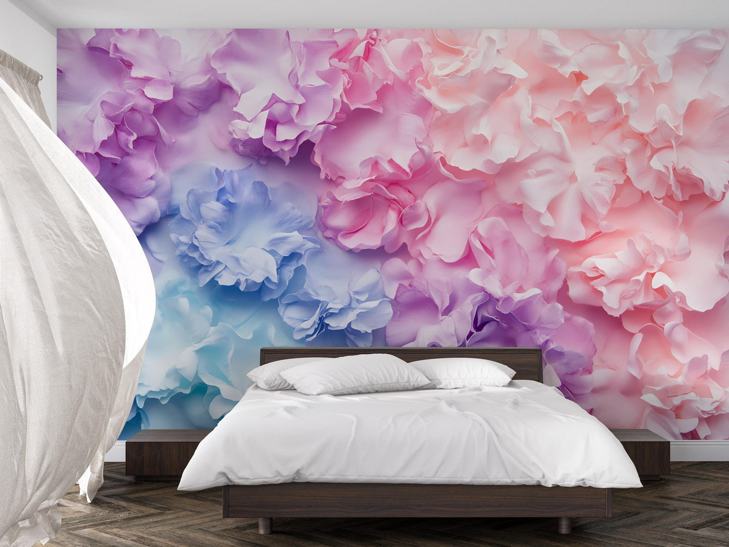 Romantic 3D Pastel Floral Wall Mural – Pink Purple Blue Flower Wallpaper for Bedroom, Living Room or Accent Wall Décor Vn465