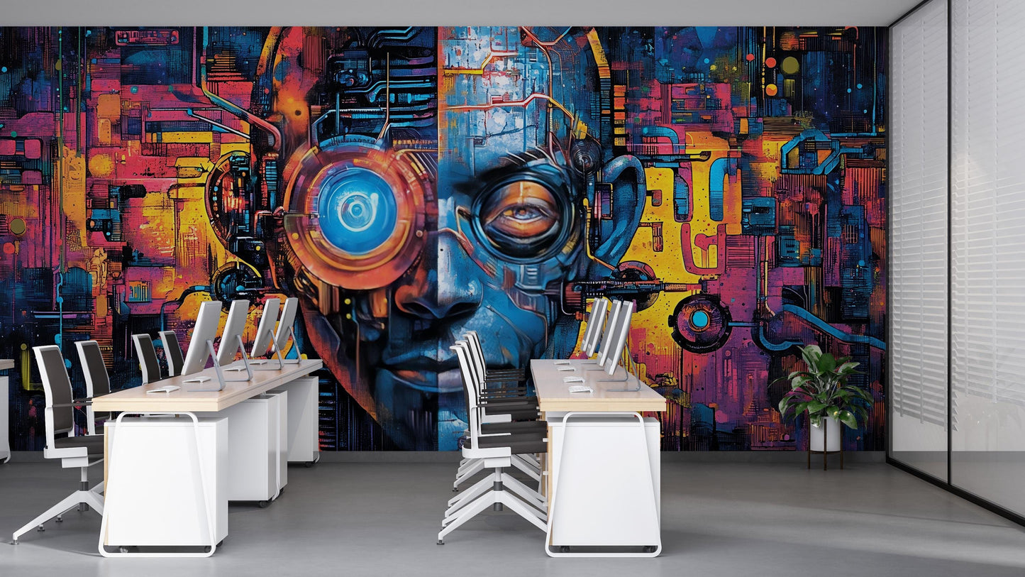 Cyberpunk AI Wall Mural – Futuristic Office Art, Sci-Fi Robot Face Design Vn203