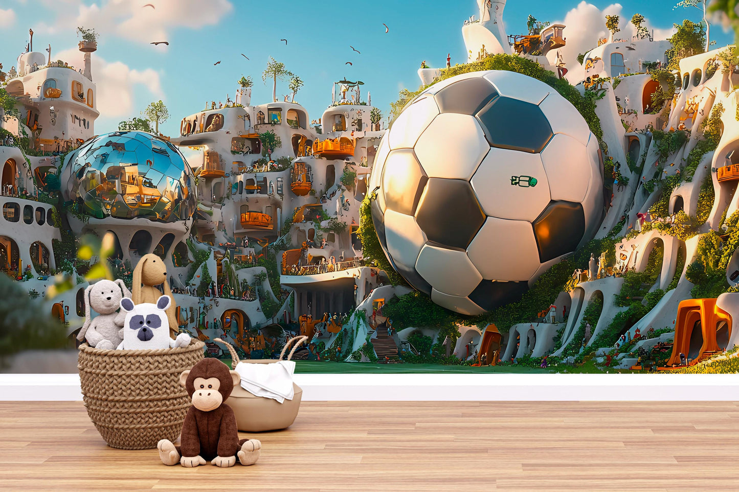 Soccer Fantasy Village Wall Mural – Giant Ball Nursery Wallpaper, Futuristic Kids Room Art, Whimsical City Sports Decor Vn056