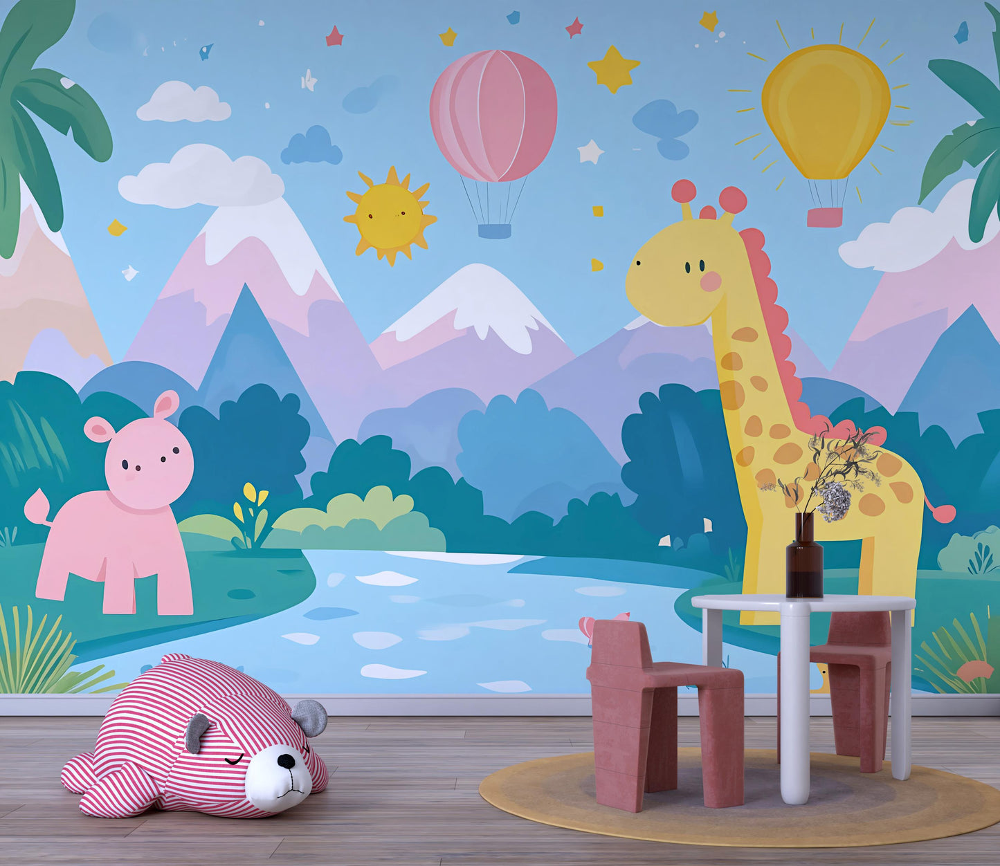 Colorful Jungle Safari Animal Nursery Wall Mural – Giraffe, Elephant, and Hot Air Balloons – Baby Room Wallpaper Art Print Vn435