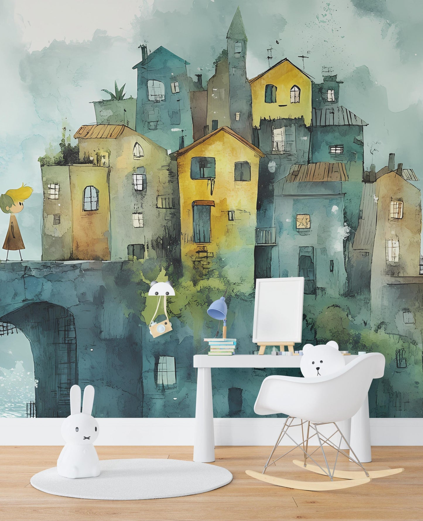Whimsical Village Nursery Wall Art | Watercolor Houses Mural with Planet Mobile | Dreamy Baby Room Decor Vn086