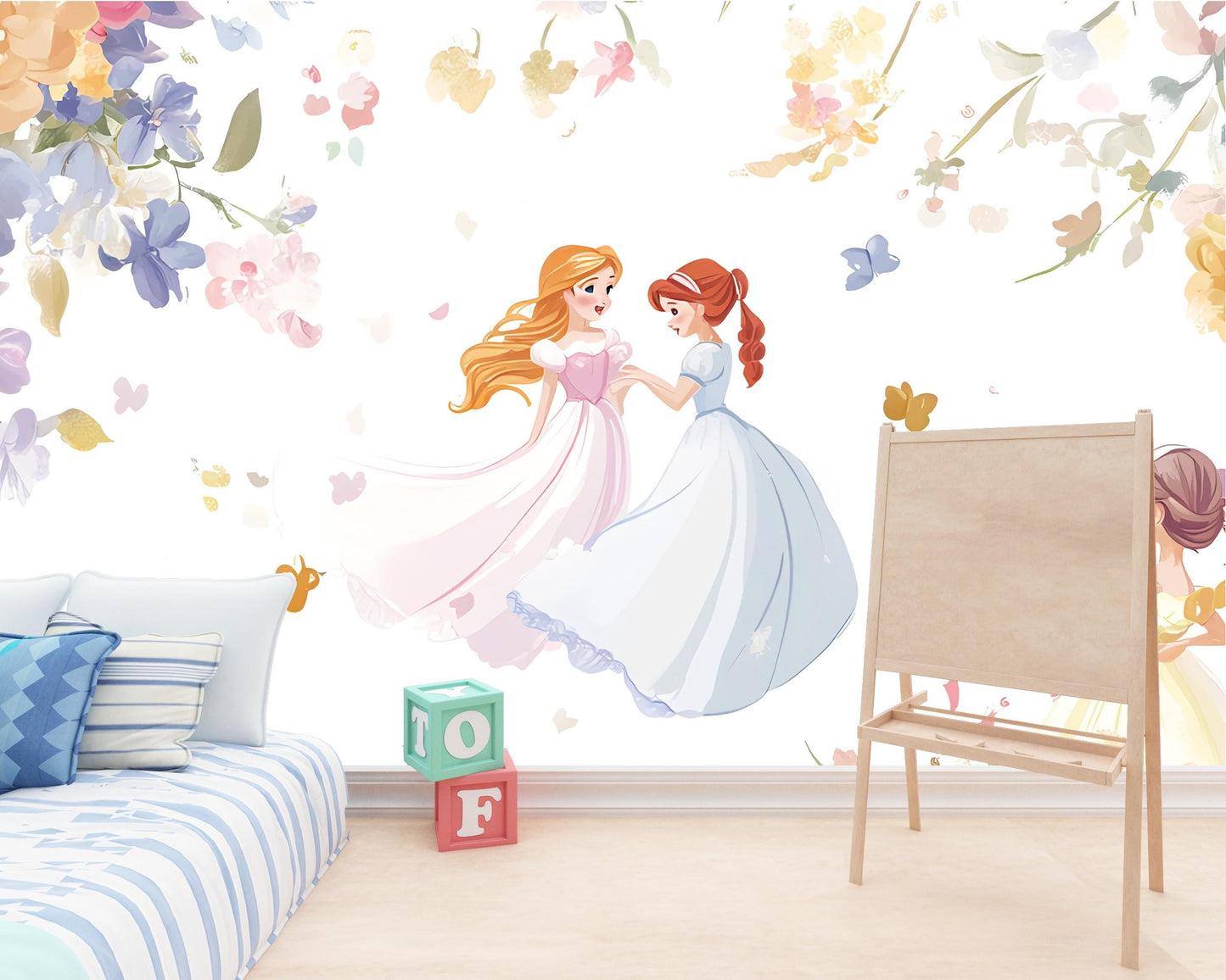 Princess Floral Wall Mural for Girls Room – Fairy Tale Wallpaper, Pastel Nursery Decor, Princess Theme Wall Art Vn277