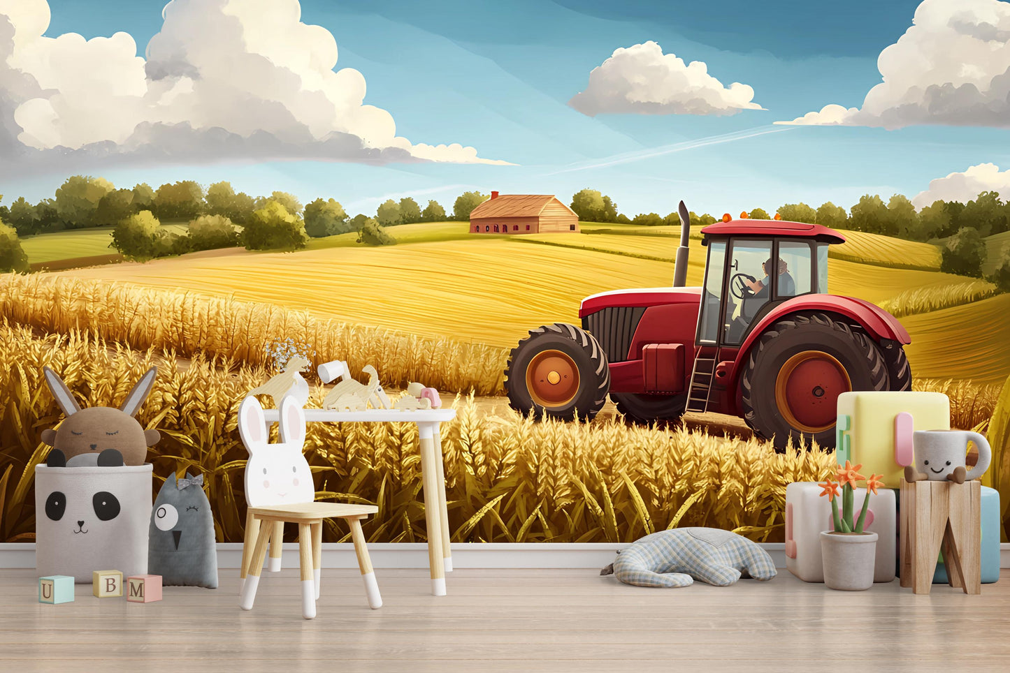 Farm Tractor Wall Mural – Kids Room Wheat Field Scene Vn315