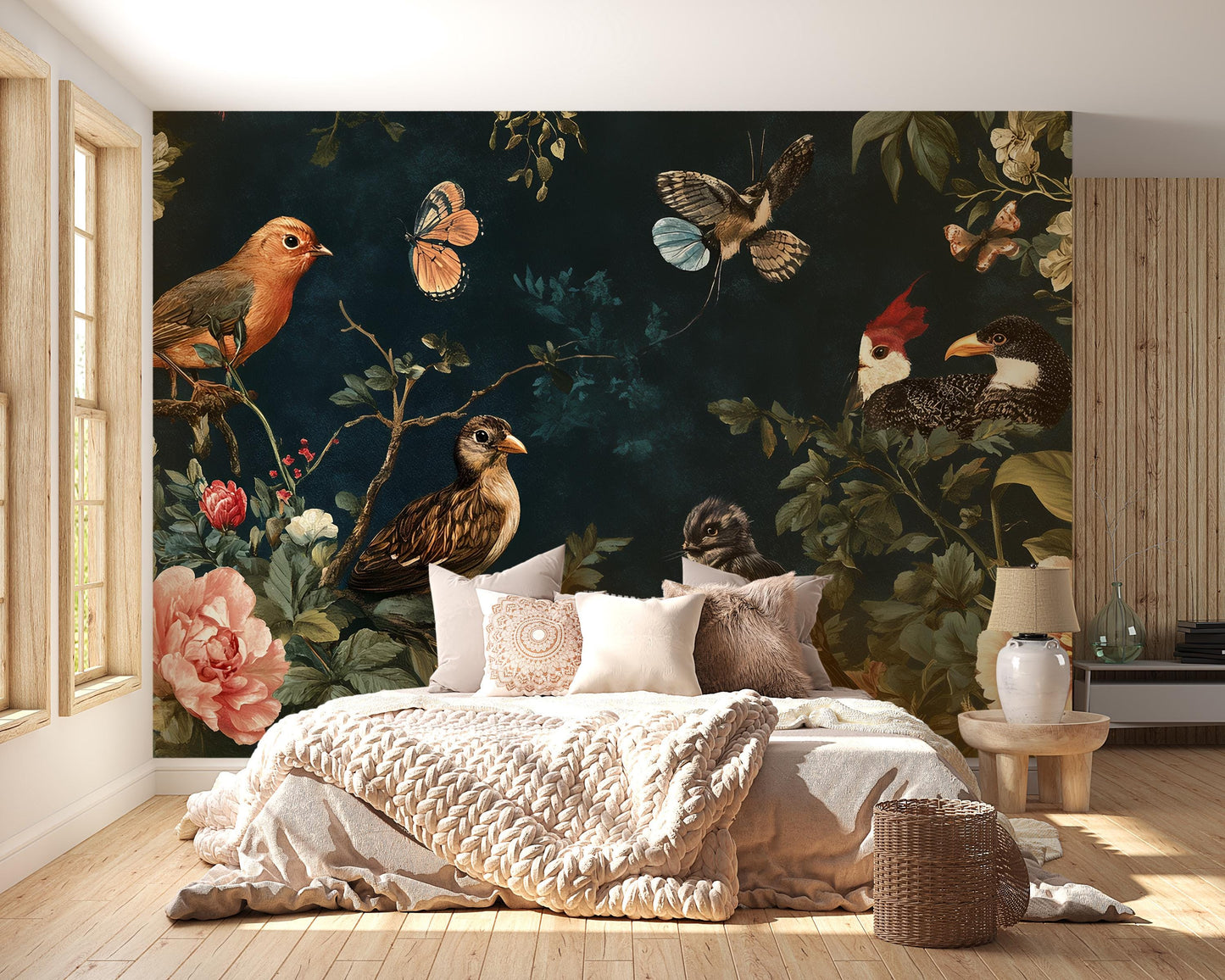 Birds & Flowers Wall Mural – Vintage Botanical Bedroom Wallpaper, Nature-Inspired Accent Wall Art Vn213