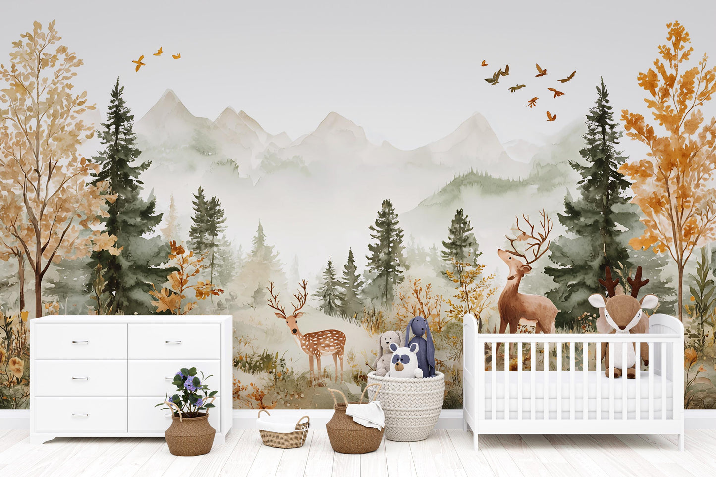 Woodland Forest Nursery Wallpaper Mural – Deer & Mountain Scene for Kids Room | Peel Stick or Traditional Wall ArtVn 294