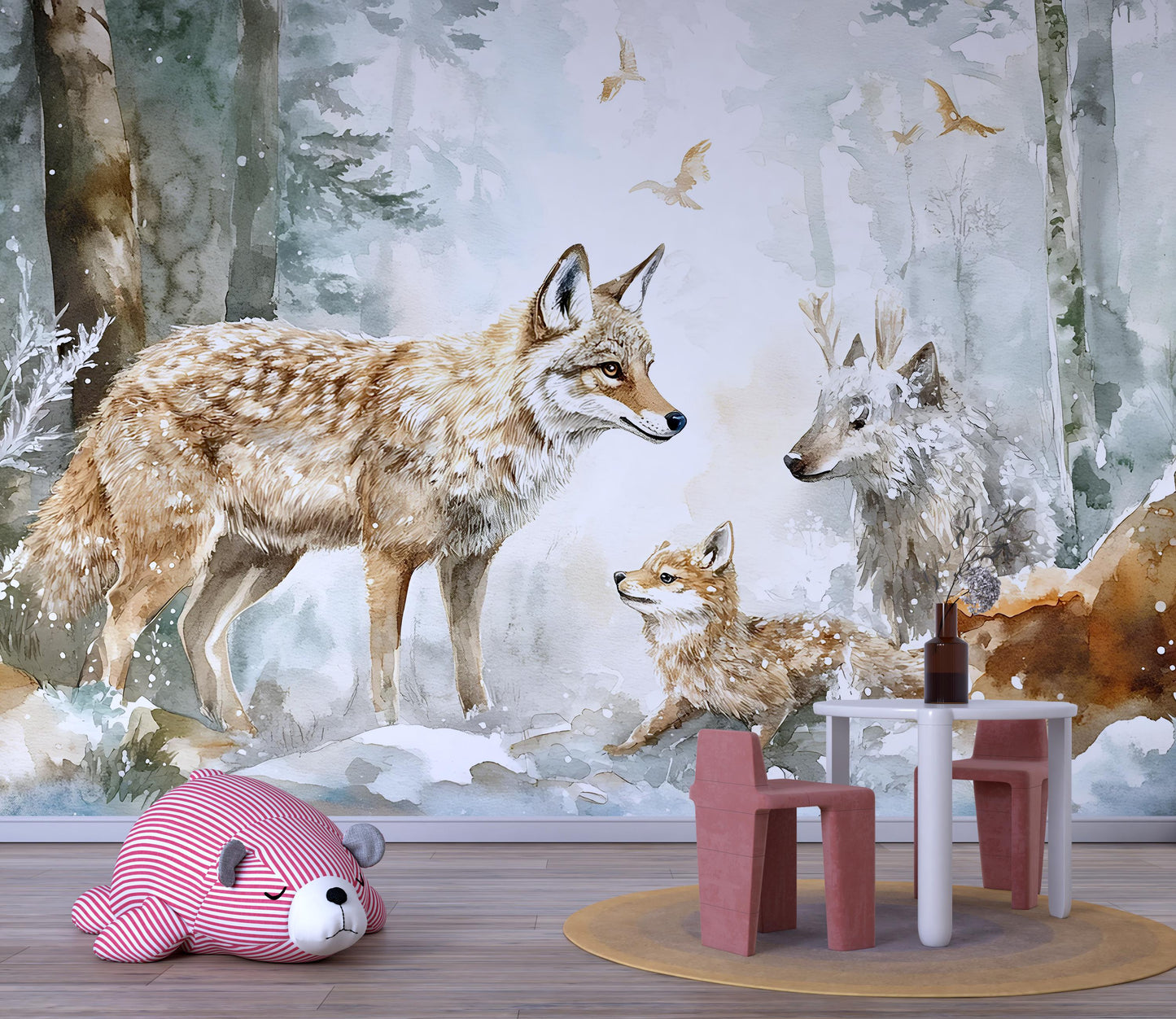 Woodland Animal Wall Mural for Kids Room – Forest Fox Deer Cub Wallpaper – Neutral Nursery Décor – Cozy Scandinavian Style Art Vn342