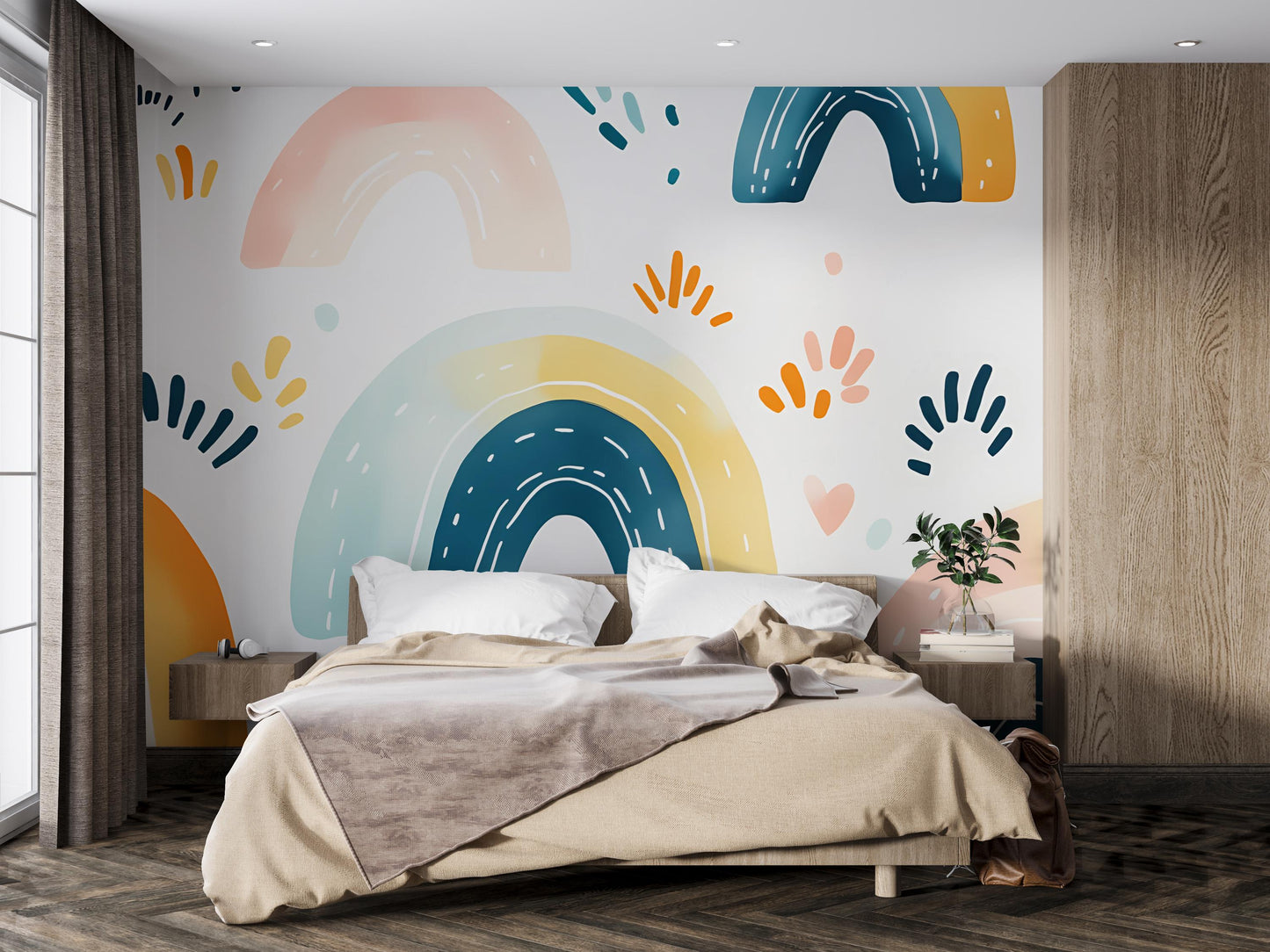 Boho Rainbow Wall Mural for Kids Room | Modern Geometric Removable Wallpaper | Playroom Accent Wall Art Décor | Peel & Stick Vn394