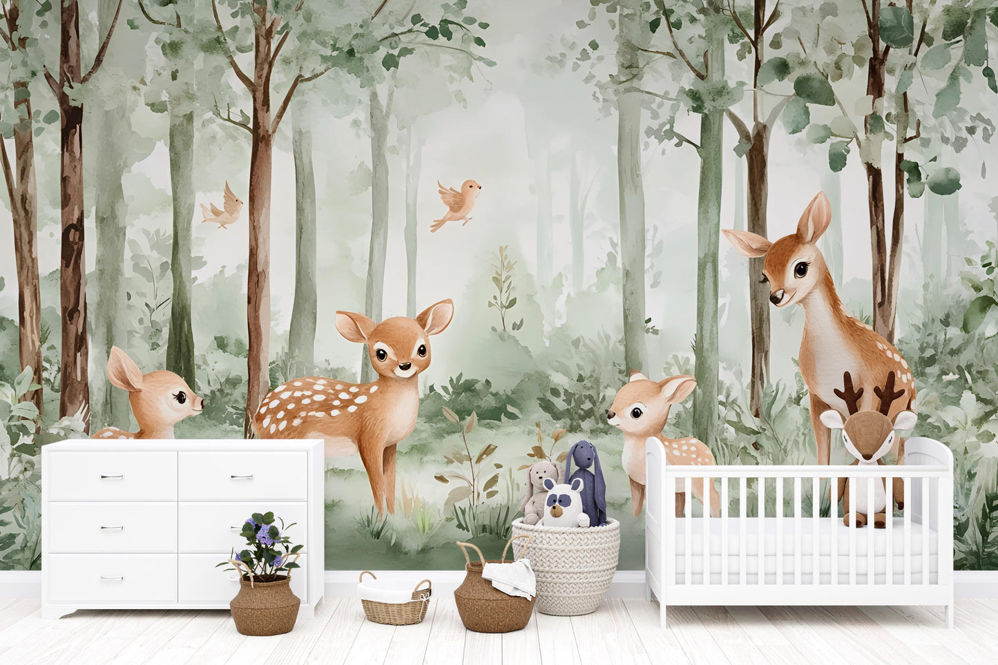 Forest Animal Nursery Wall Mural – Woodland Deer Wallpaper – Baby Room Decor – Removable Kids Wall Art – Gender Neutral Nursery Vn 297
