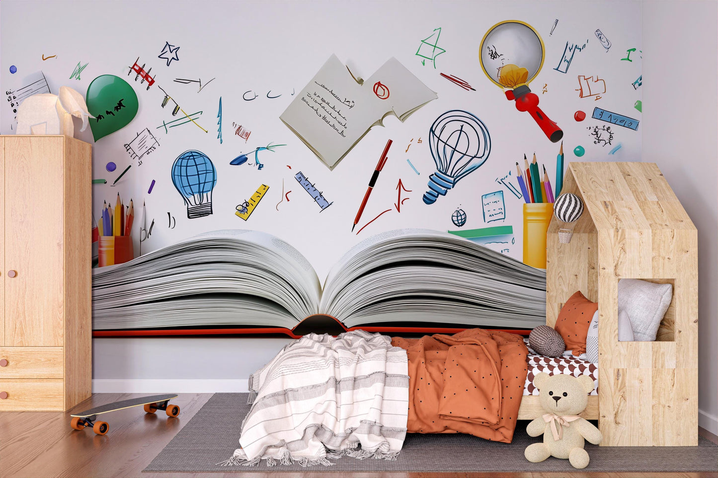 Educational Kids Wall Mural | Creative Study Room Decor | Open Book Art Print for Playroom or Bedroom Vn414