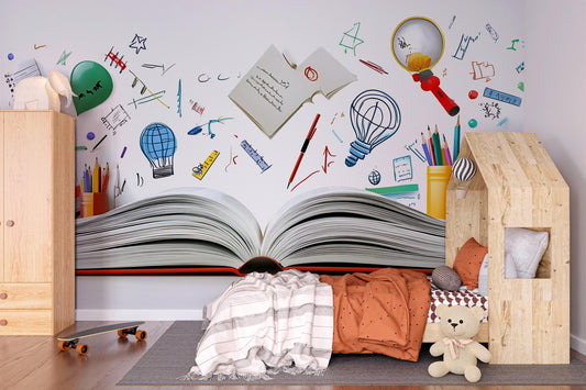 Educational Kids Wall Mural | Creative Study Room Decor | Open Book Art Print for Playroom or Bedroom Vn414