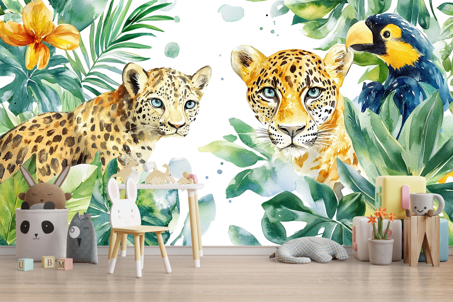 Safari Jungle Wall Mural - Baby Room Leopard Wallpaper - Tropical Animal Nursery Decor Vn338