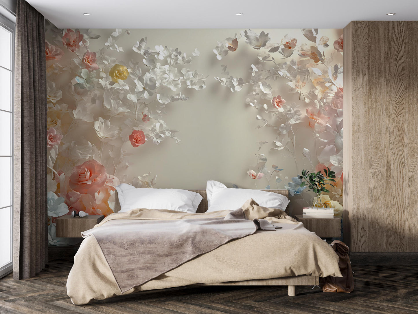 Romantic 3D Floral Wall Mural – Elegant Rose Flower Bedroom Wallpaper Vn469