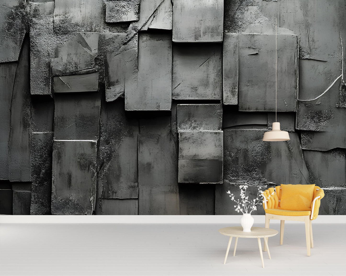 Modern Textured Wall Art Mural – 3D Dark Concrete Geometric Wallpaper – Industrial Style Living Room Decor Vn240