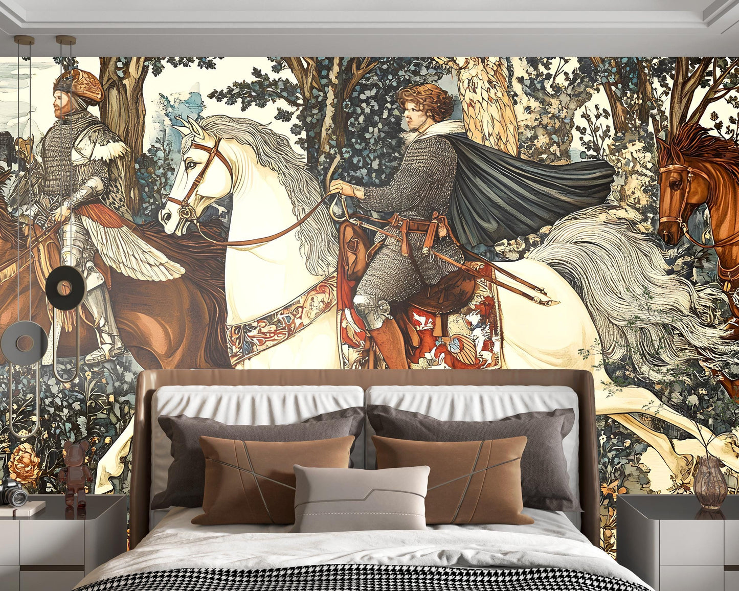 Medieval Knight Wall Mural | Tapestry-Style Art Wallpaper | Historical Horsemen Scene for Bedroom or Living Room Decor Vn187