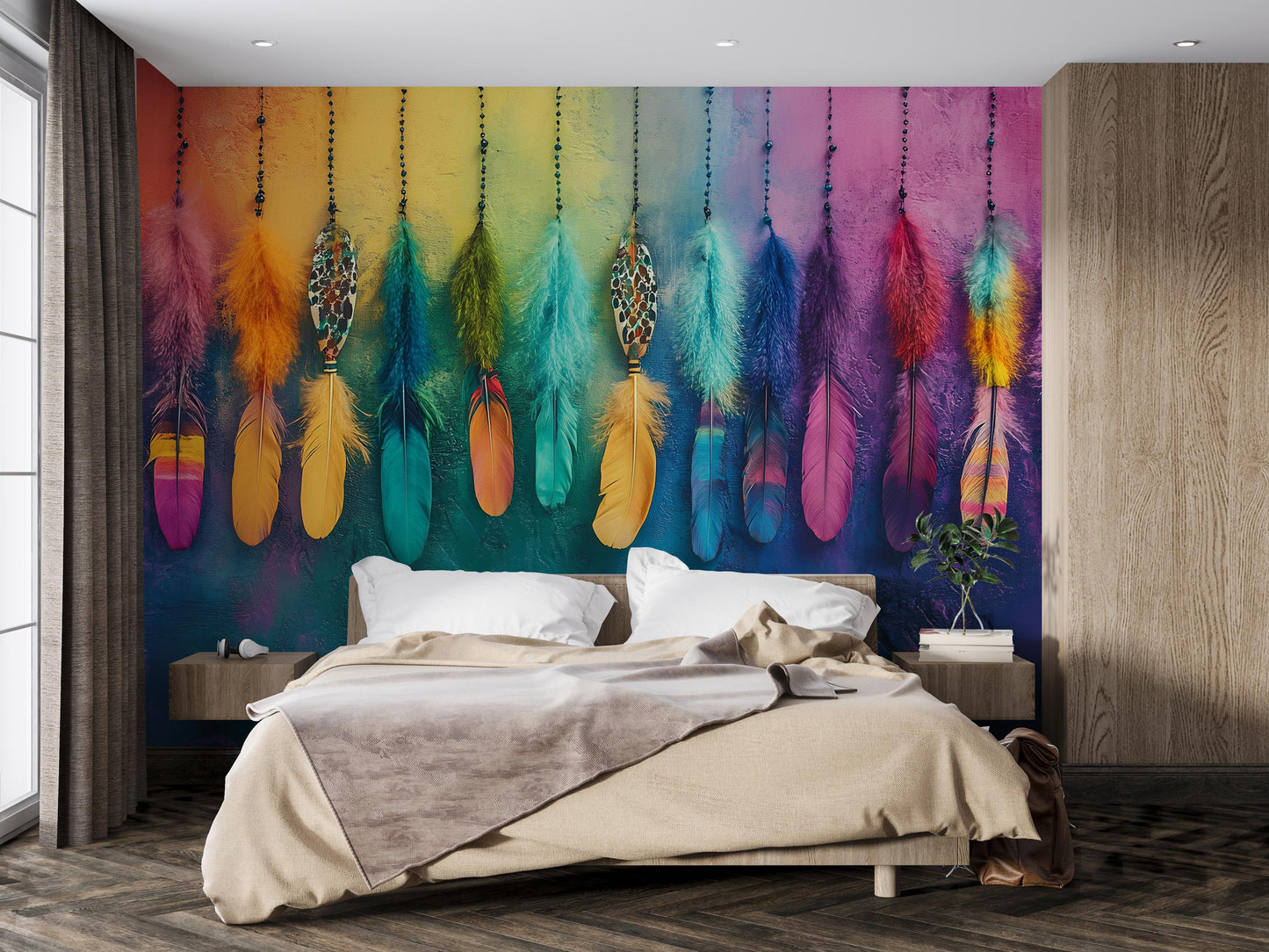 Boho Rainbow Feather Wall Mural | Colorful Feather Art Wallpaper | Vibrant Bedroom Decor | Dreamcatcher-Inspired Accent Wall Vn391