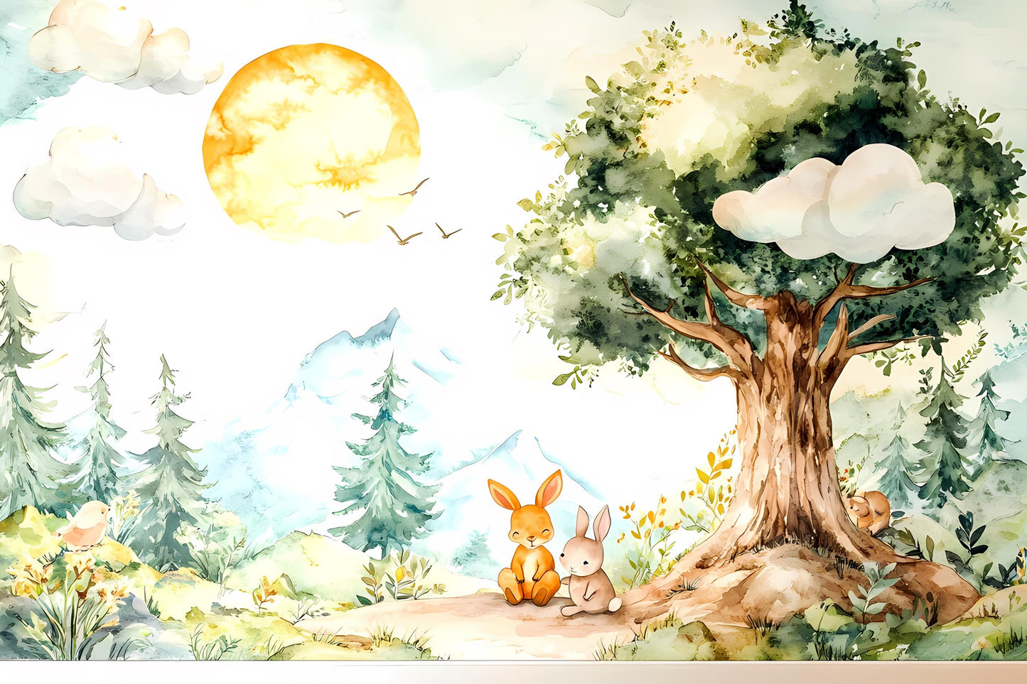Woodland Forest Nursery Wall Mural, Animal Tree Crib Background, Nature Baby Room Wallpaper Vn001