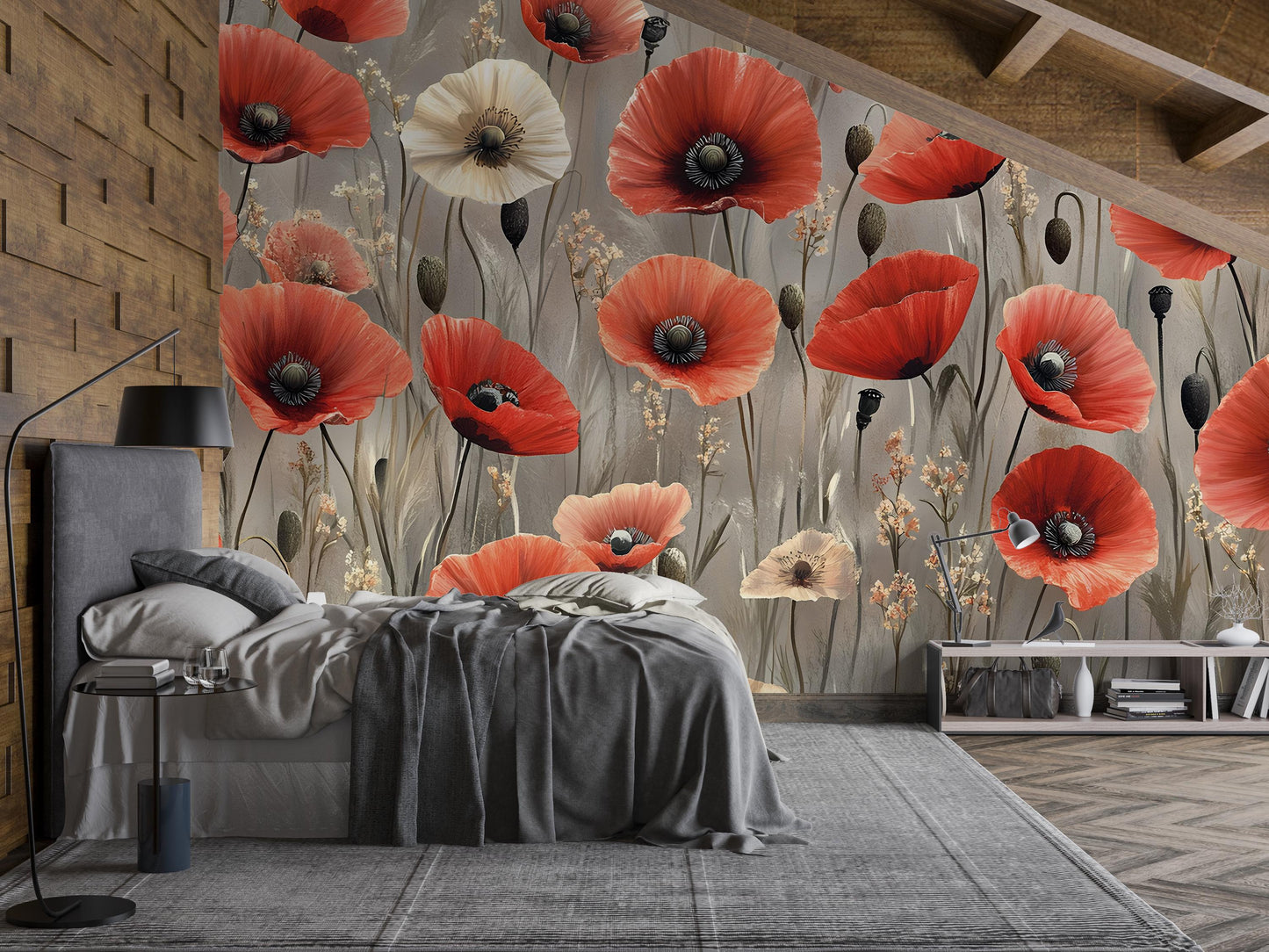 Red Poppy Floral Wall Mural – Large Botanical Flower Wallpaper for Bedroom, Living Room, or Accent Wall Décor Vn333