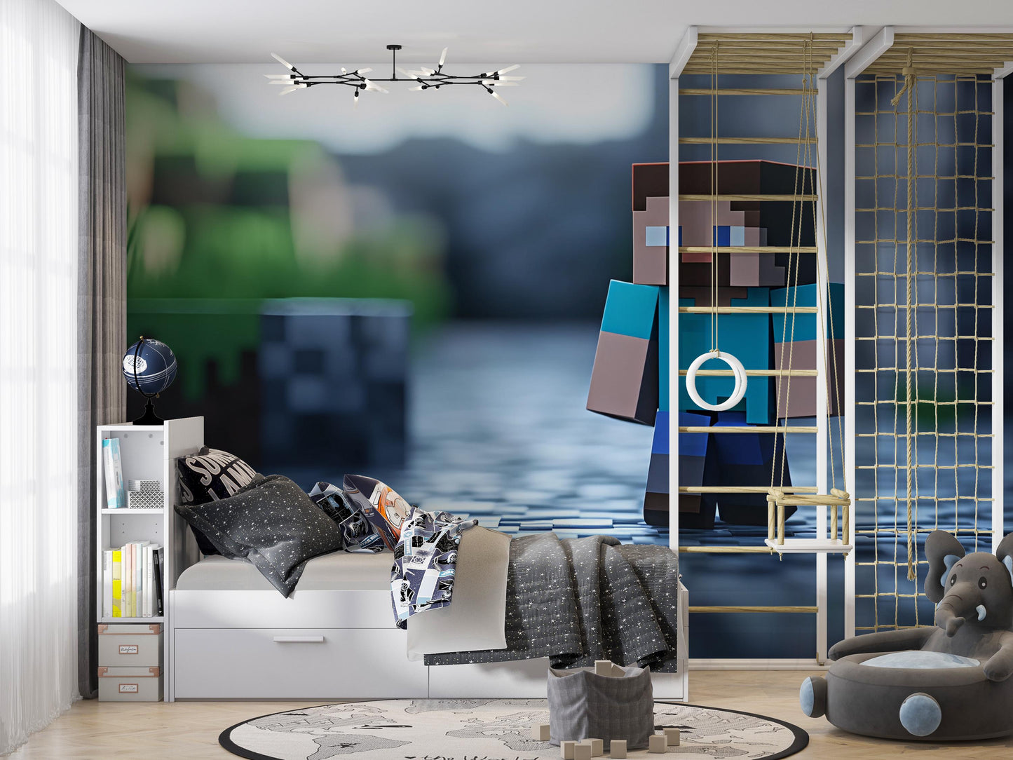 Minecraft Wall Art for Kids Room – Gamer Bedroom Decor with Steve, Pixel Style Mural for Boys, Video Game Nursery Art Vn282