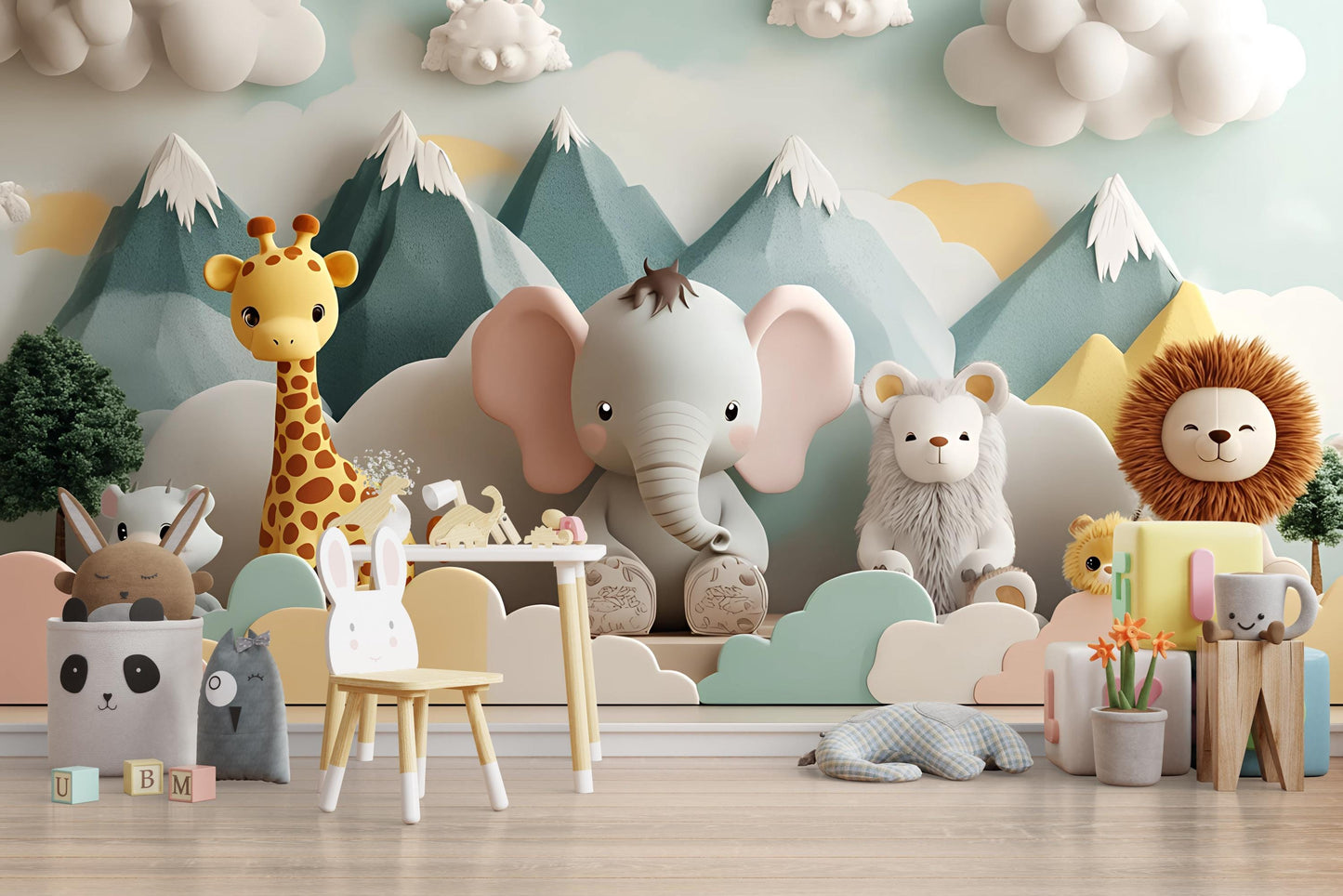Whimsical Jungle Animal Wall Mural for Kids Room - Elephant, Giraffe, Lion Nursery Wallpaper Vn429