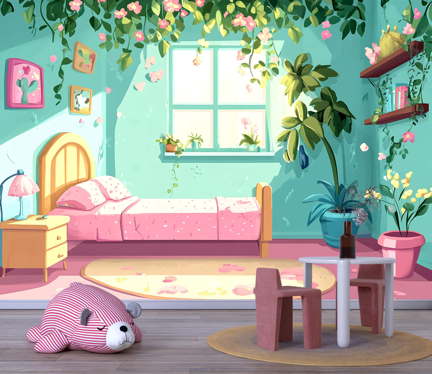 Whimsical Girls Room Wall Mural – Pink Floral Garden Bedroom Decor, Indoor Nature Scene Art Vn440