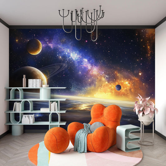 Galaxy Space Wall Mural for Kids Room – Planets & Stars Outer Space Wallpaper – Cosmic Nursery Decor Vn437