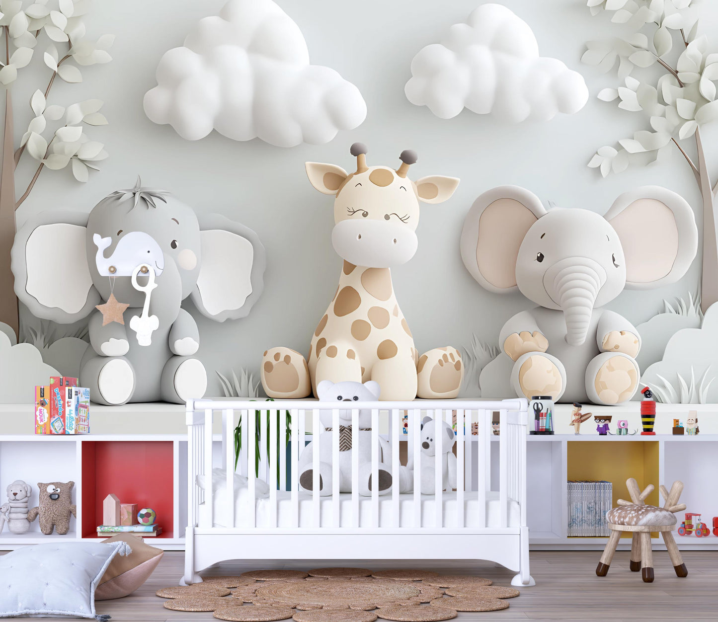 Safari Animal Nursery Wall Art - Giraffe & Elephant 3D Cartoon Mural for Kids Room - Neutral Jungle Baby Room Decor Vn426