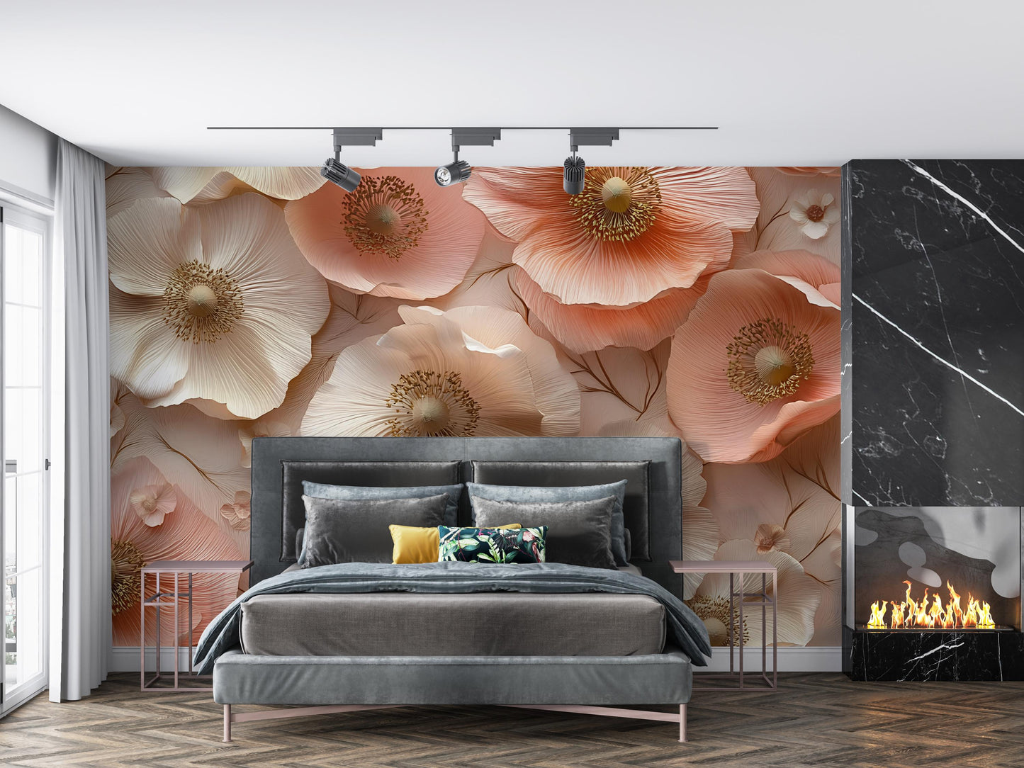 3D Floral Wall Mural for Bedroom – Peach Cream Poppy Flower Wallpaper – Elegant Large Flower Accent Wall Art Vn326