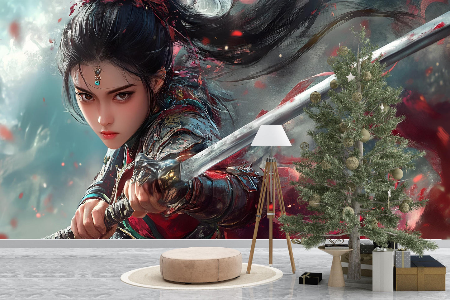 Fantasy Warrior Wall Mural – Anime Samurai Girl Art | Epic Battle Scene Wallpaper | Asian Warrior Decor | Sword Girl Wall Print Vn360